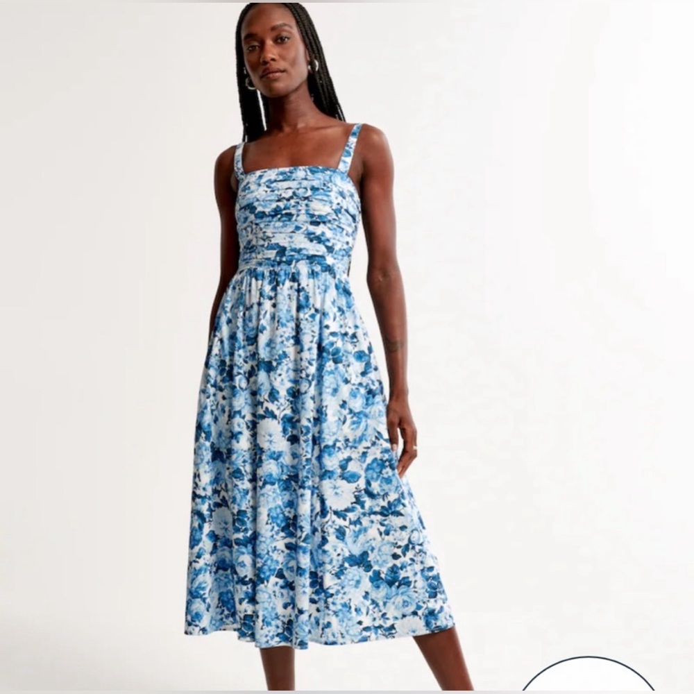 Abercrombie & Fitch Emerson Poplin Wide Strap Midi Dress Blue White Floral M